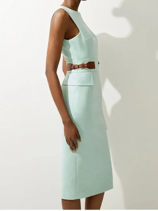 Karen Millen Compact Stretch Tab Waist Detail Tailored Midi Dress - Picture 2 of 6